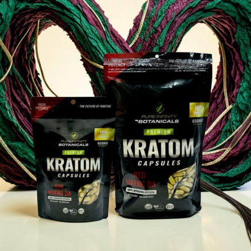 Two bags of Kratom capsules against a colorful background.