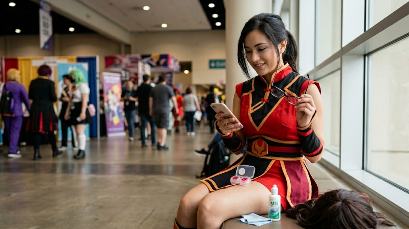 Cosplayer holding glasses in one hand and a phone in the other, with contact lenses removed, preparing to switch from cosplay contacts to glasses for eye comfort.