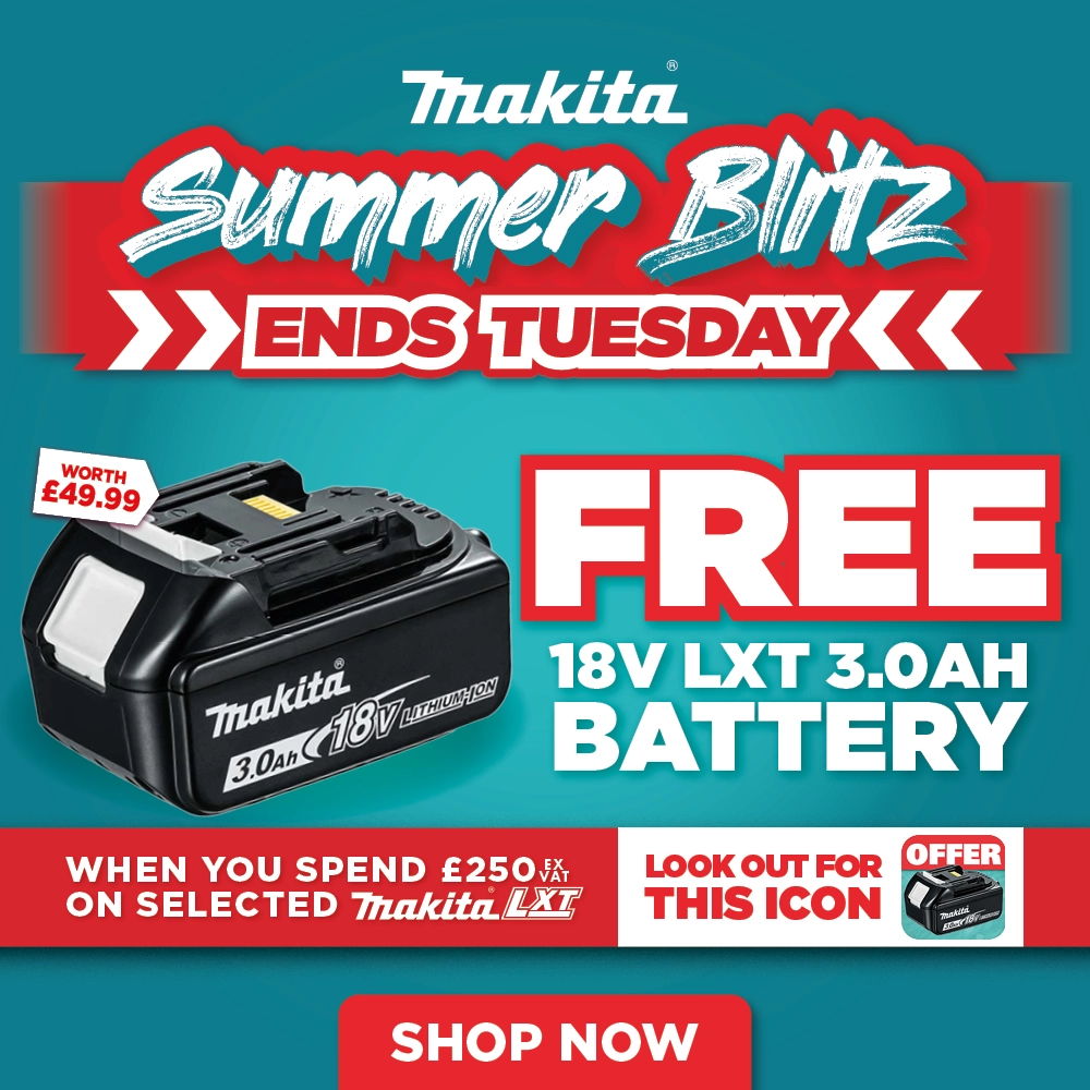 Makita Summer Blitz promotion for a free battery with purchase.