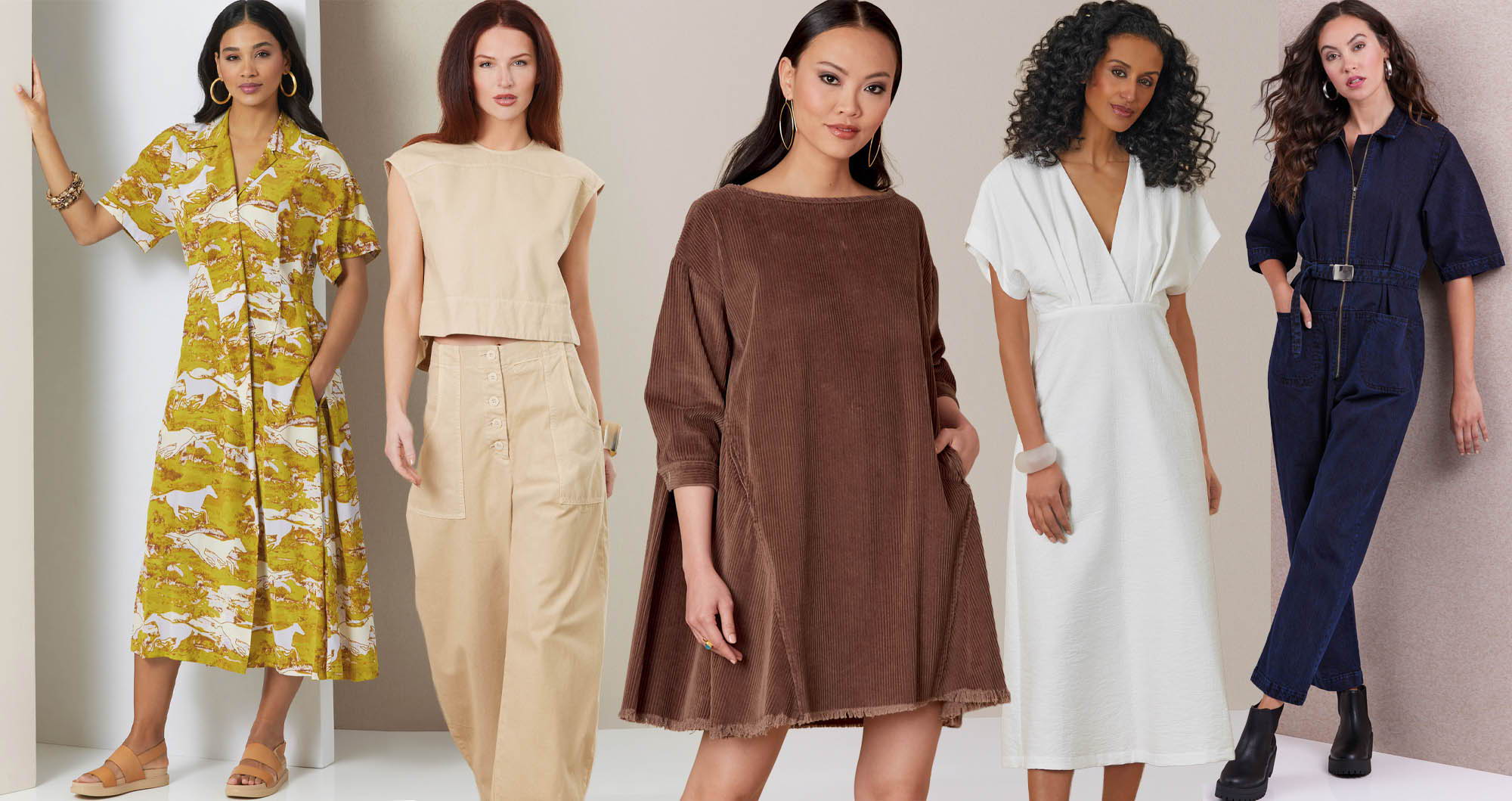 Five women modeling various stylish dresses against a neutral background.