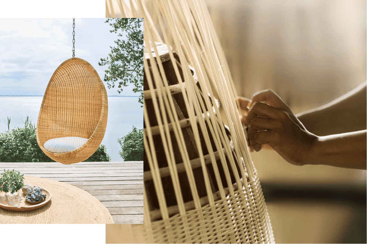 Outdoor hanging egg chair and close-up of handwoven rattan furniture being made by hand.