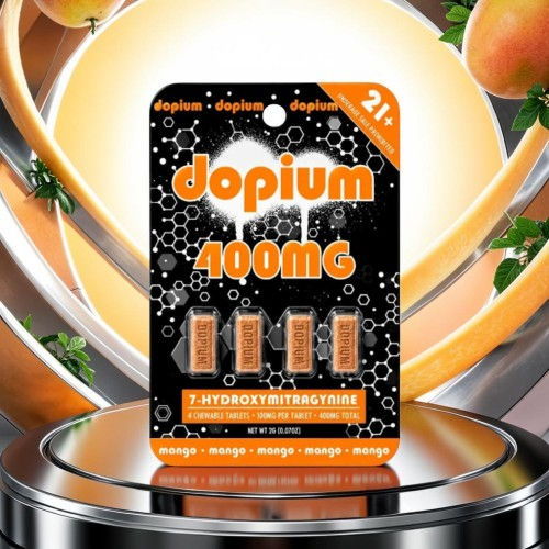 Dopium 400mg packaging with four tablets, orange and black design.