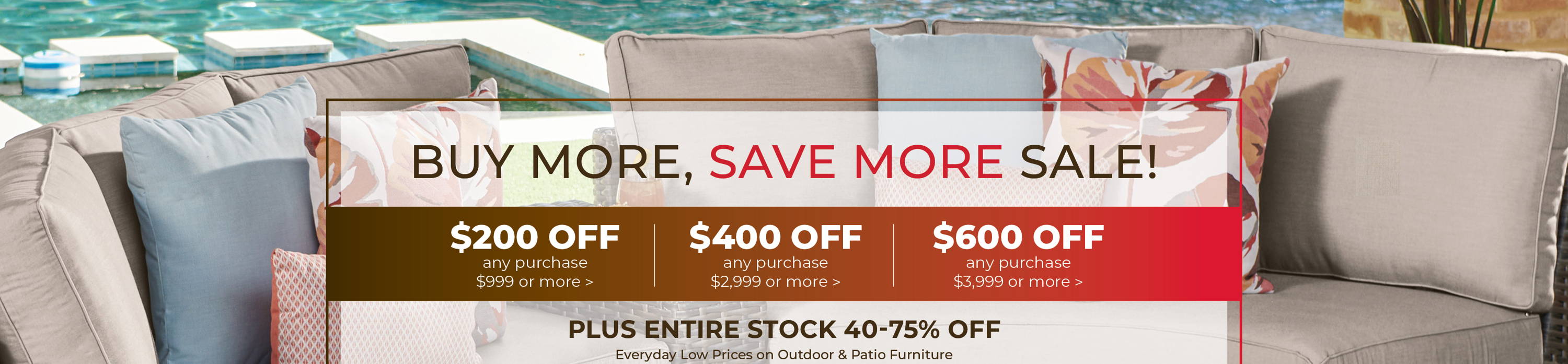 Promotional banner for a furniture sale with discount amounts.