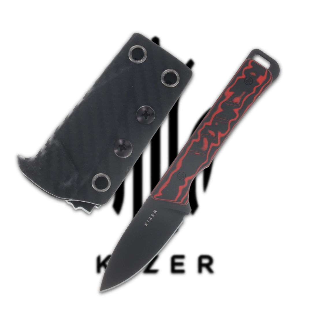 Black knife with red handle and sheath, Kizer logo in background.