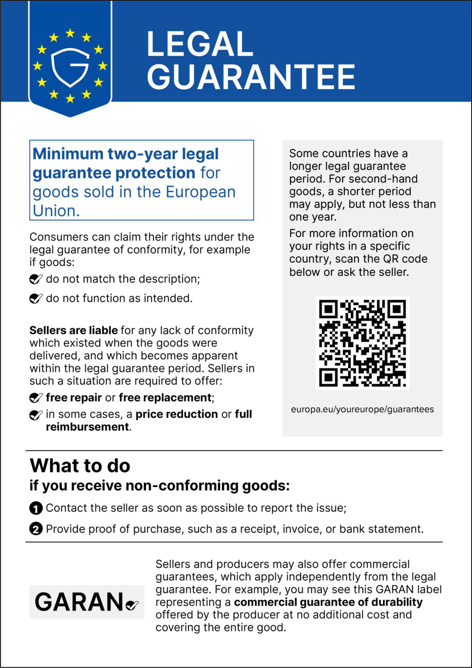 Legal guarantee information for goods sold in the European Union.