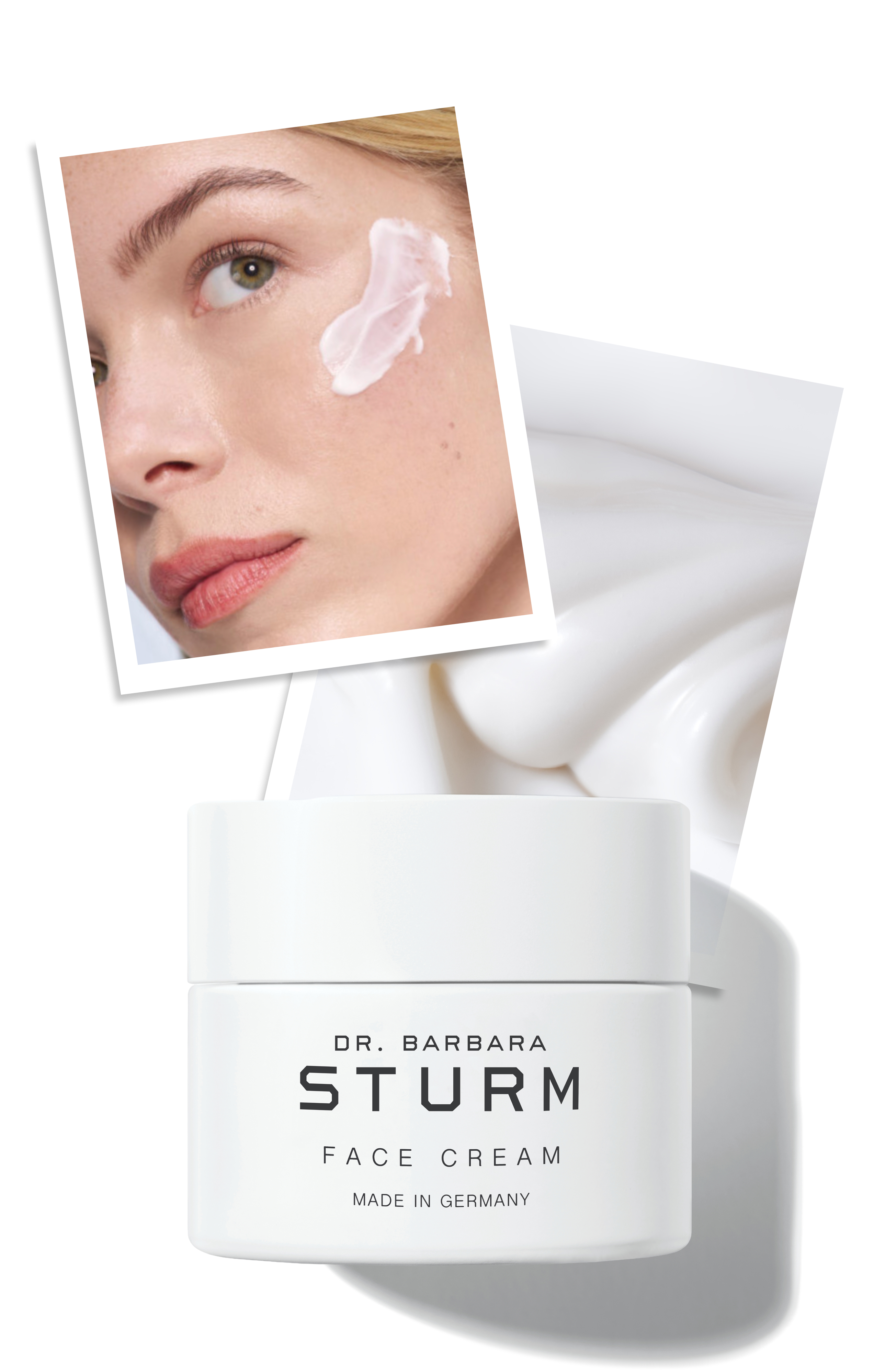 Dr. Barbara Sturm face cream with model applying it on her skin.