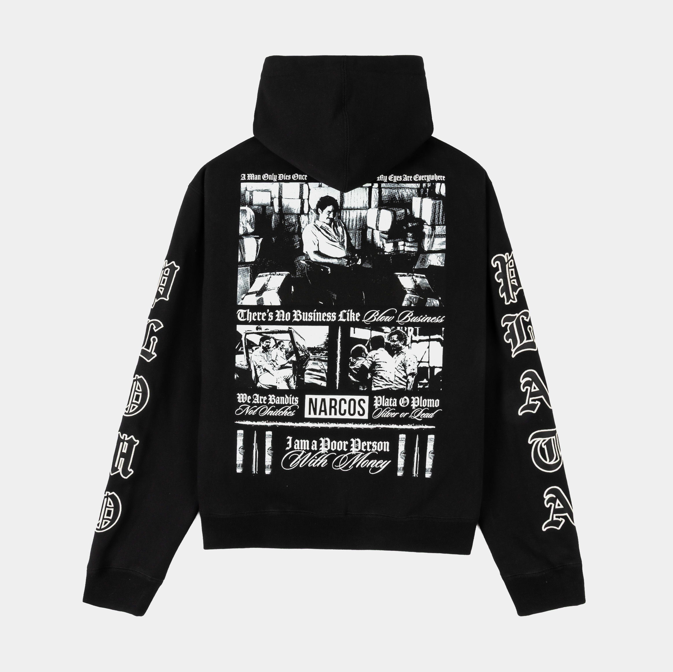 Black hoodie with graphic text and logo on the front and sleeves.