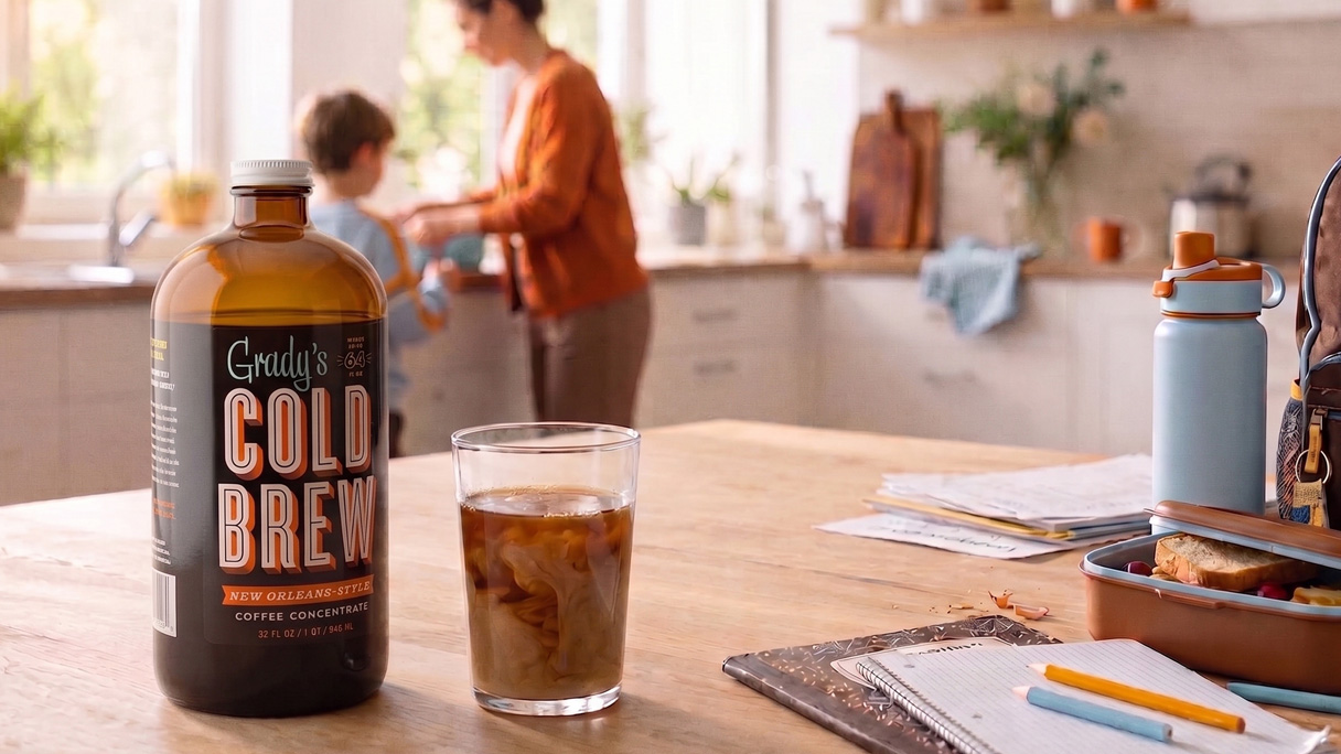 Grady's Cold Brew bottle and iced coffee on a kitchen table during a busy school morning