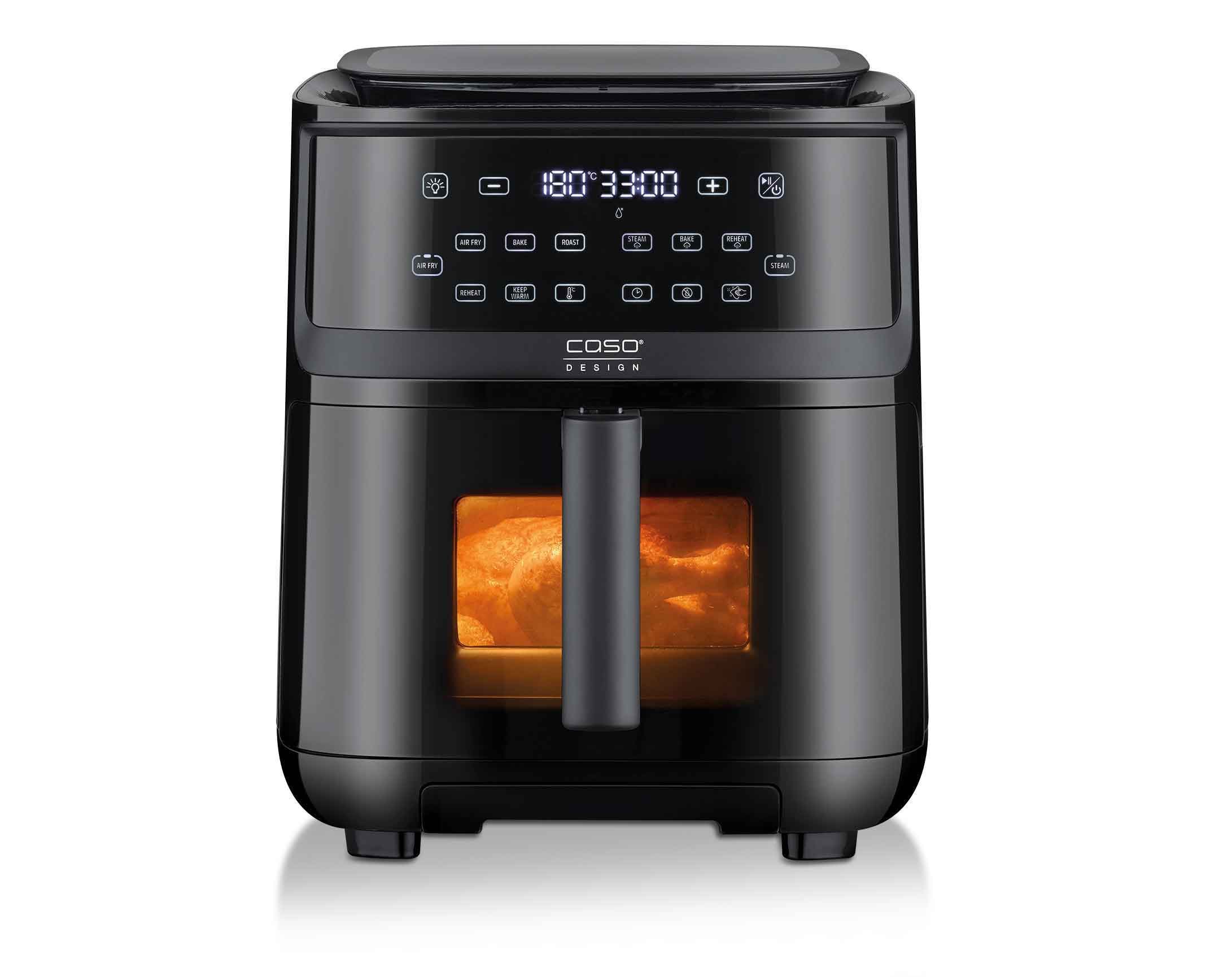 Black air fryer with digital display and transparent window.
