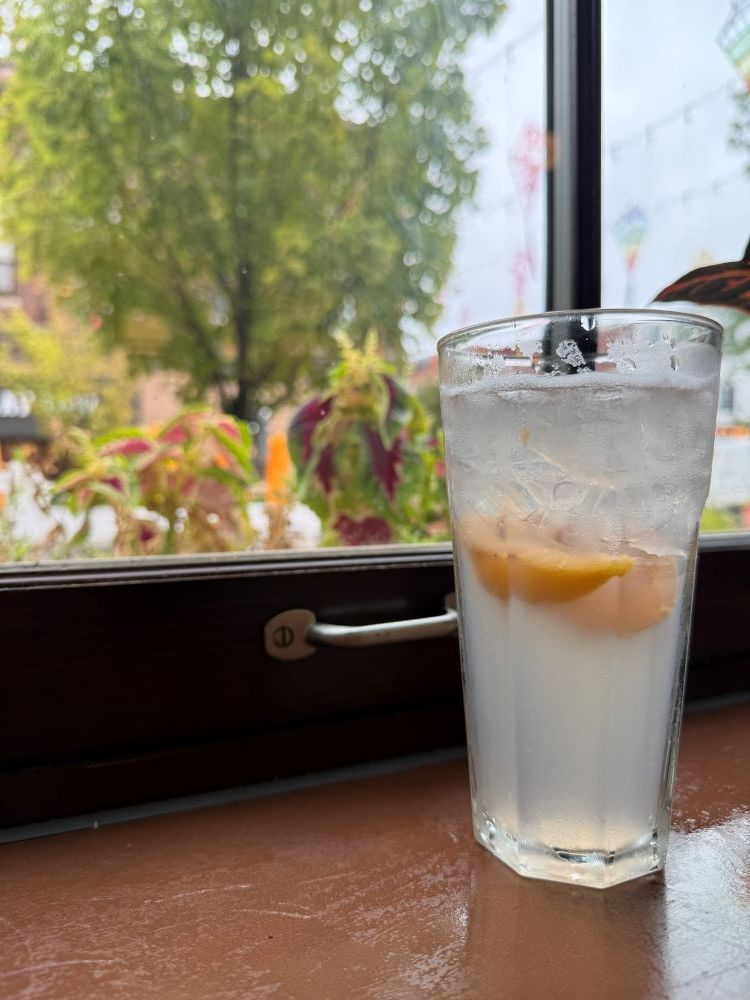 A glass of lemonade with lemon slices by a window.
