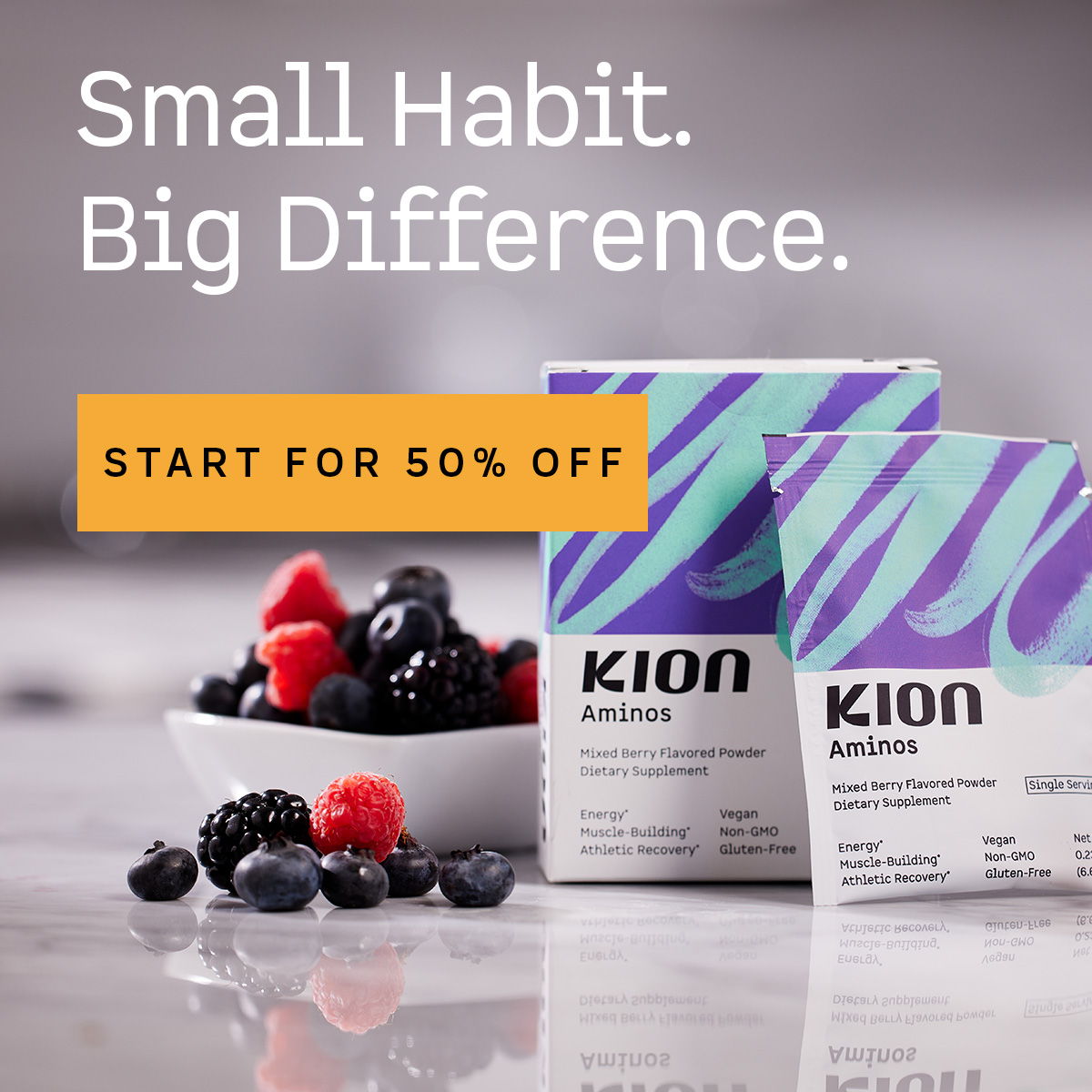 Small Habit. Big Difference. Start for 50% off. Kion Aminos Mixed Berry flavored powder dietary supplement packets with fresh blueberries, raspberries, and blackberries.