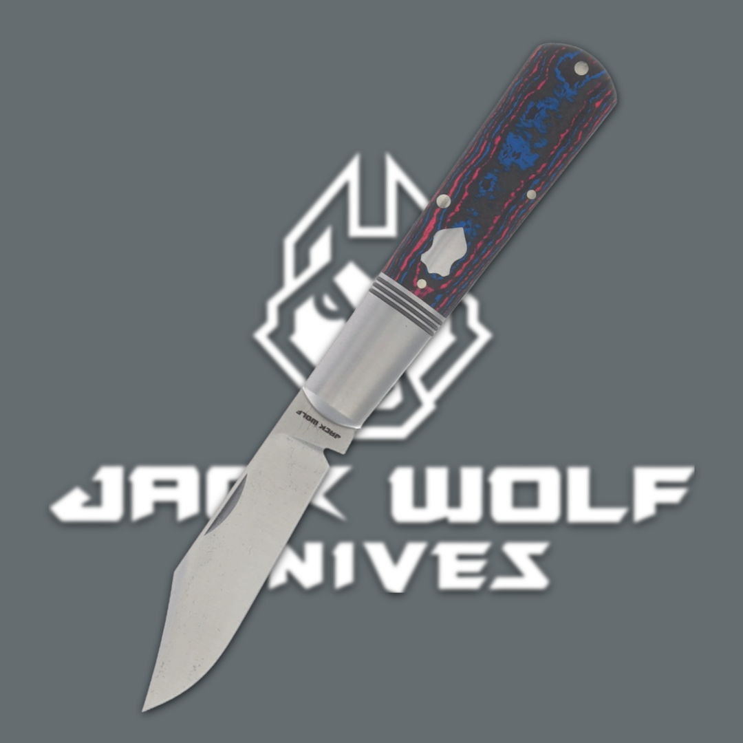 Folding knife with a colorful handle, featuring the Jack Wolf Knives logo.
