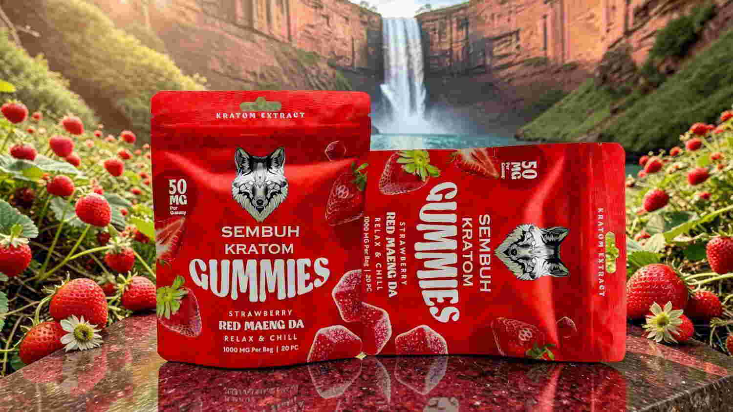 Two bags of gummies with a waterfall and strawberries in the background.