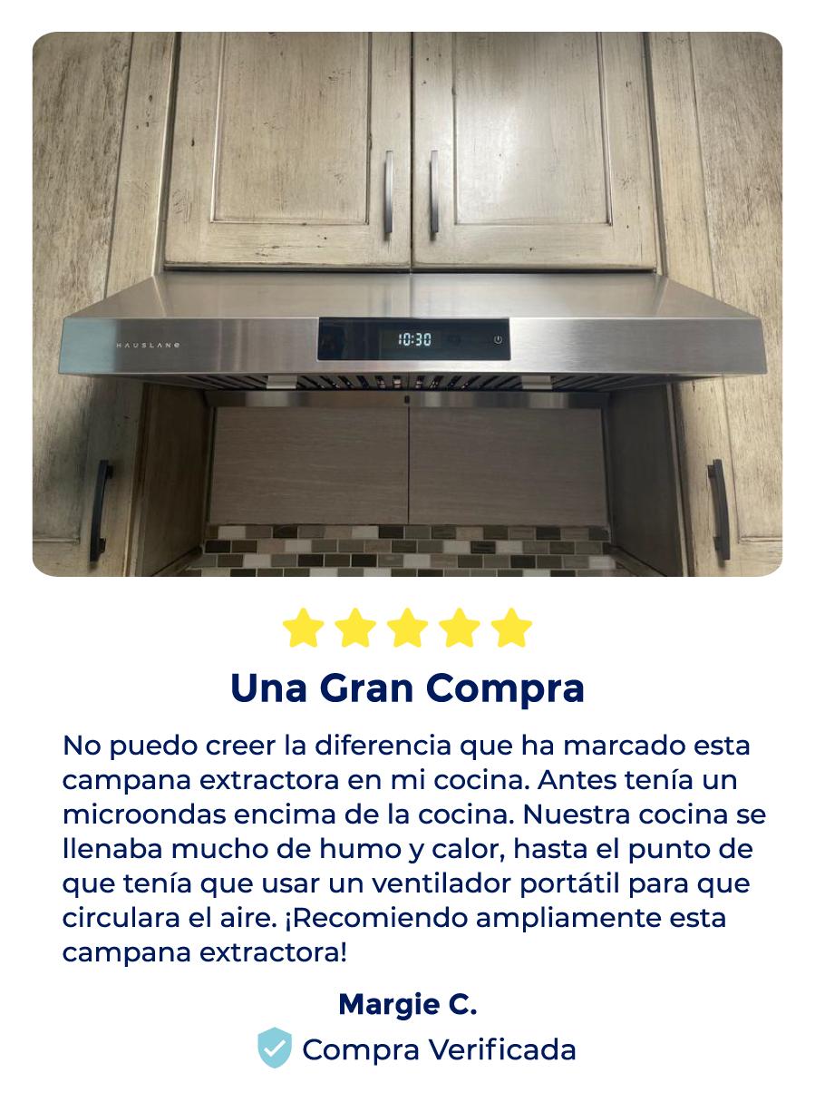 Reseña - Una Gran Compra: No puedo creer la diferencia que ha marcado esta campana extractora en mi cocina. Antes tenía un microondas encima de la cocina. Nuestra cocina se llenaba mucho de humo y calor, hasta el punto de que tenía que usar un ventilador portátil para que circulara el aire. ¡Recomiendo ampliamente esta campana extractora! Margie C., Compra Verificada