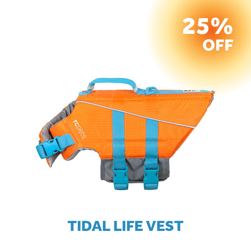 Orange tidal life vest with blue straps, 25% off.