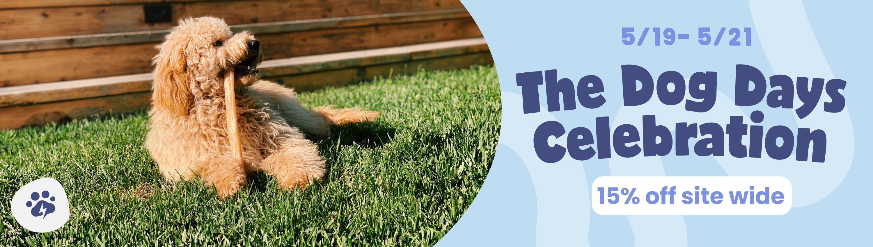 A Dog with Pawstruck Collagen Stick in their Mouth with the text, 'The Dog Days Celebration'