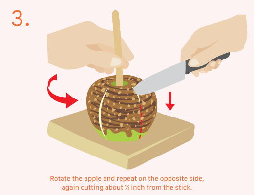 Hands cutting an apple on a wooden board with instructions.