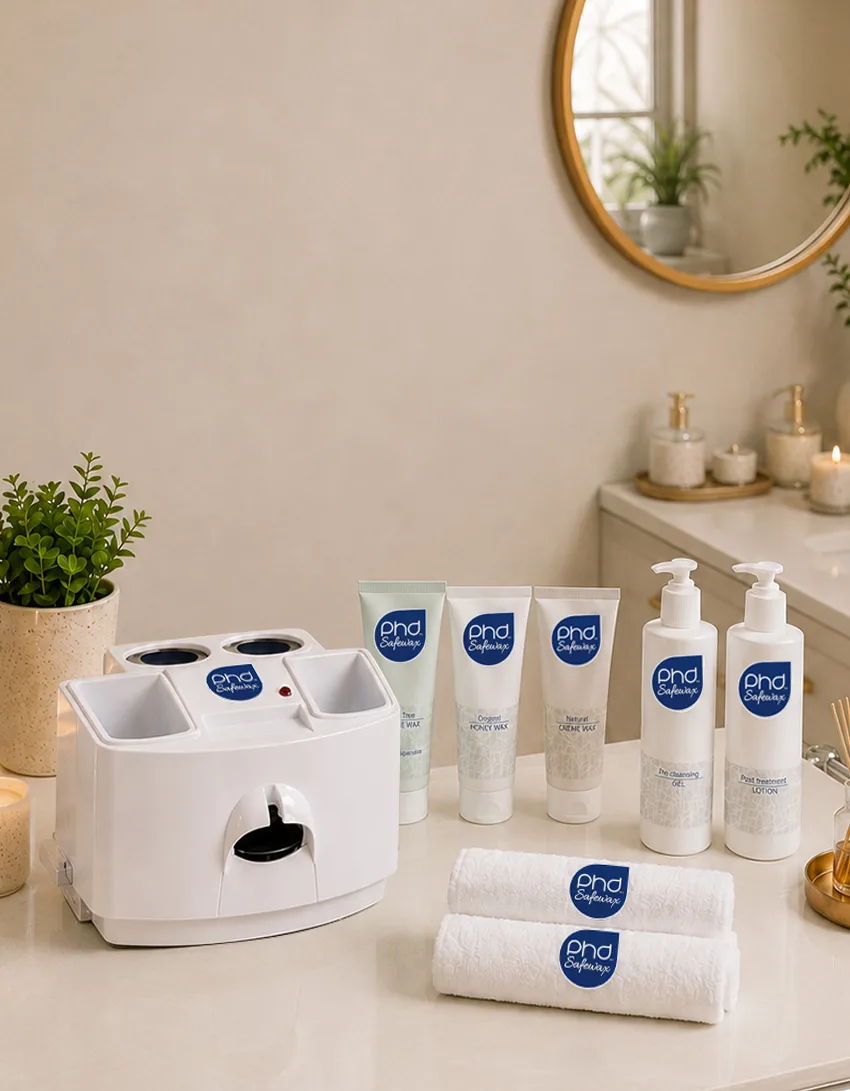 Beauty products and equipment arranged on a countertop with a mirror in background.
