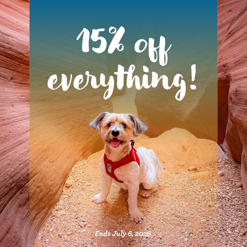 Dog in a canyon with text: 15% off everything!