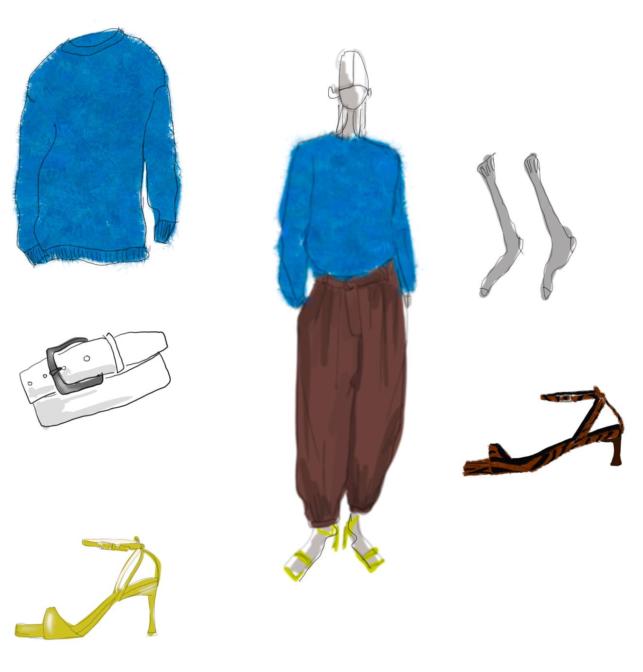 illustration of woman wearing pants and fuzzy sweater