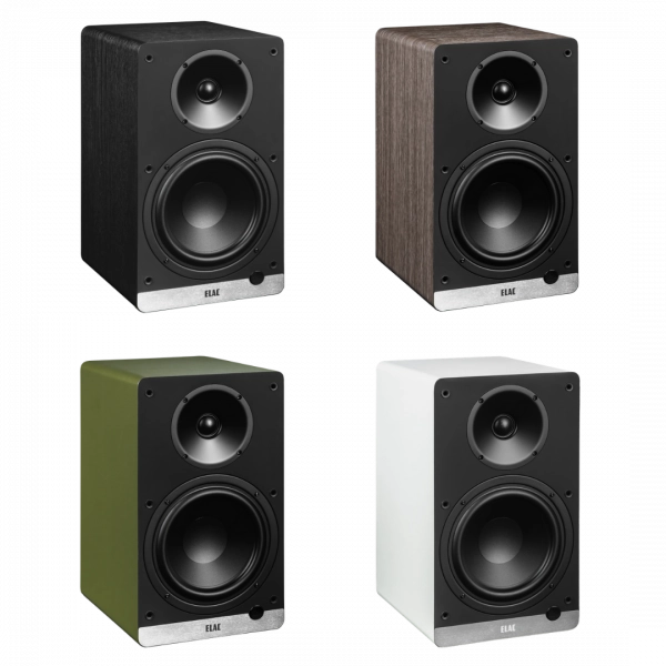 Four speaker designs in different colors: black, brown, green, and white.