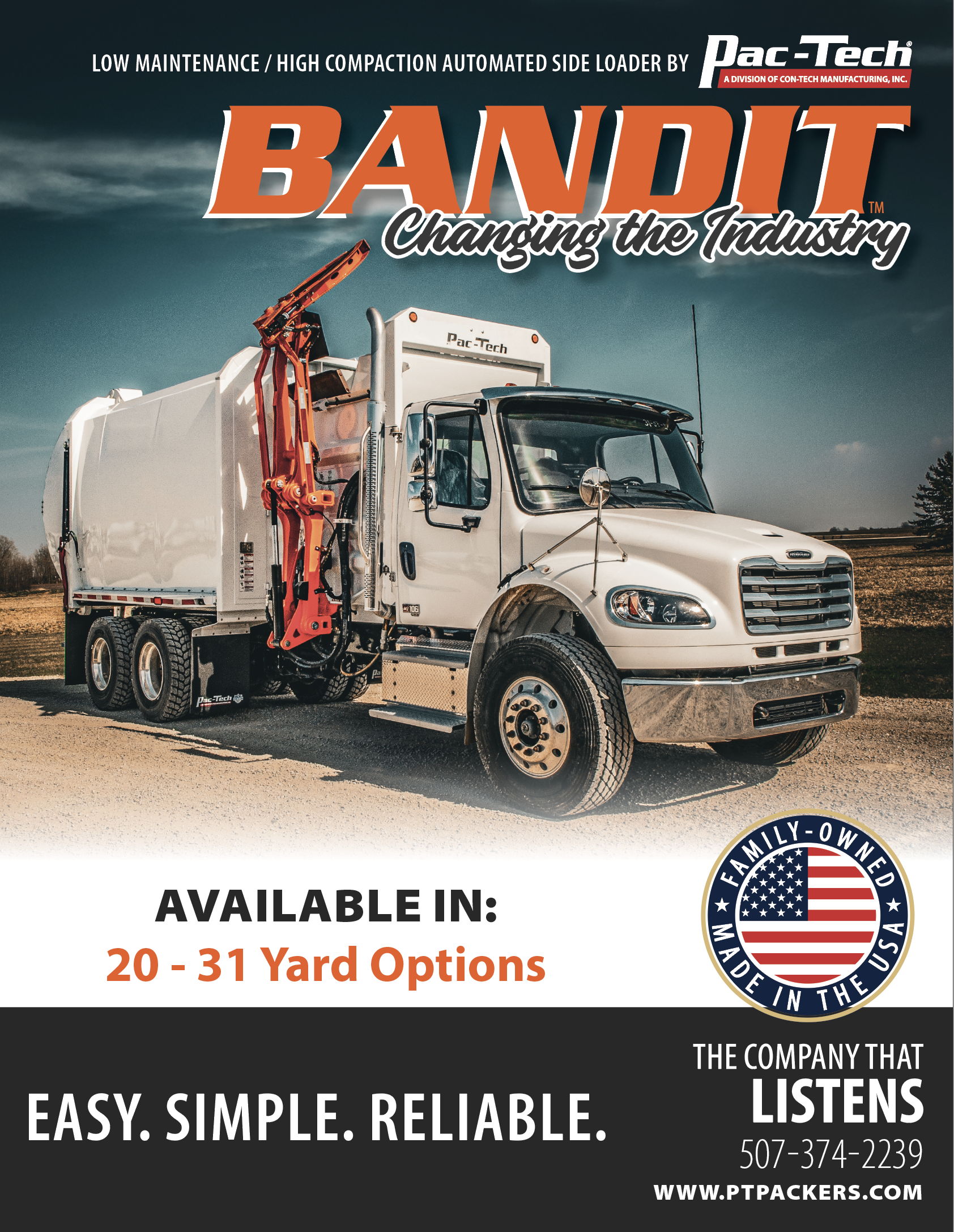Truck advertisement for Pac-Tech's Bandit automated side loader with specifications.