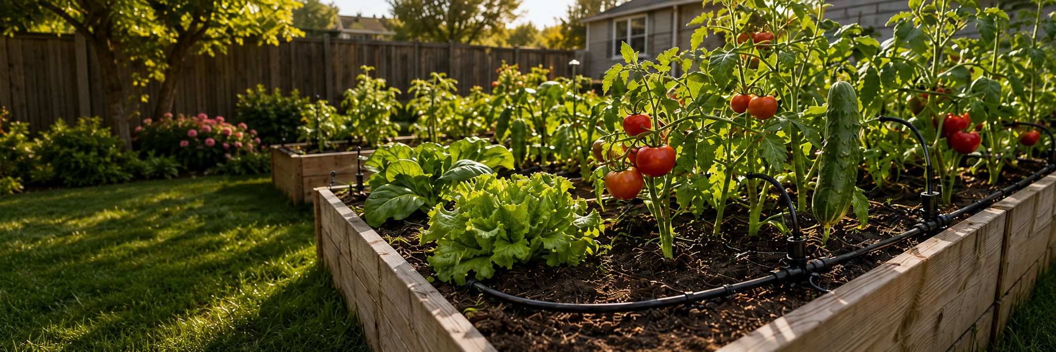 A raised garden bed with vegetables growing in a sunny backyard.