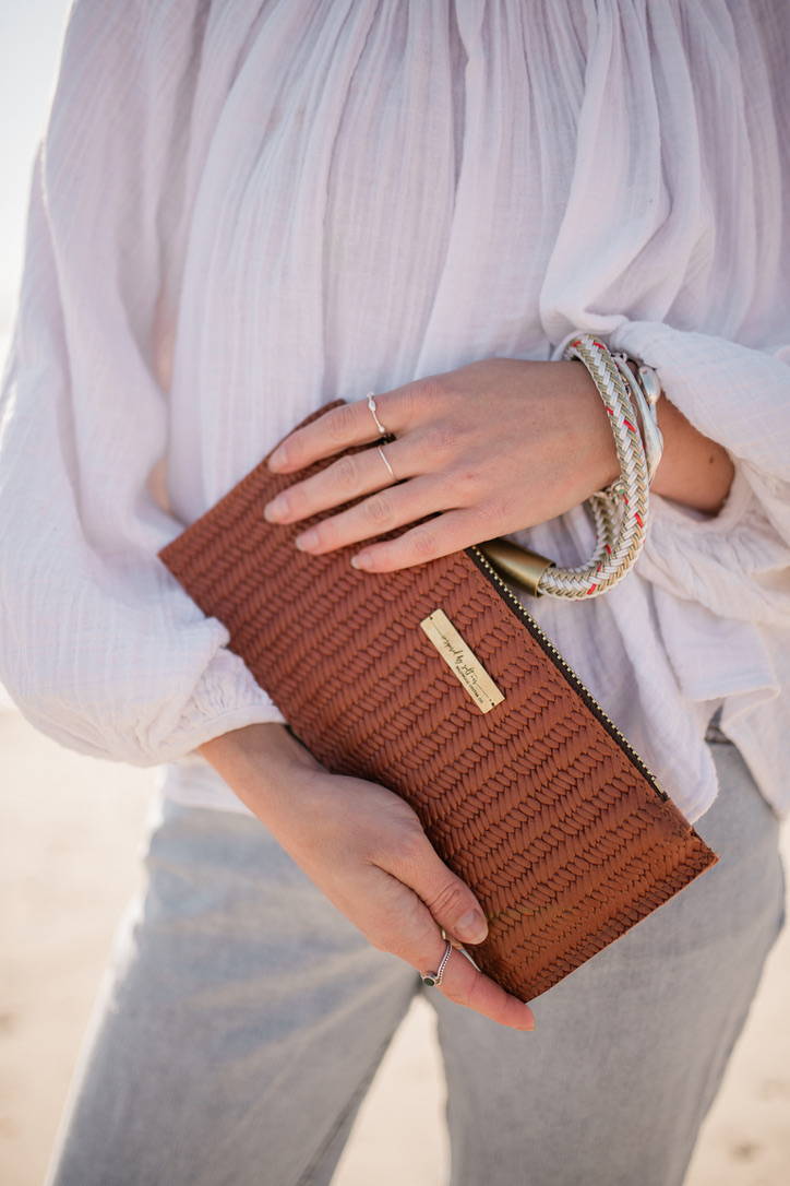 brown basketweave leather clutch 