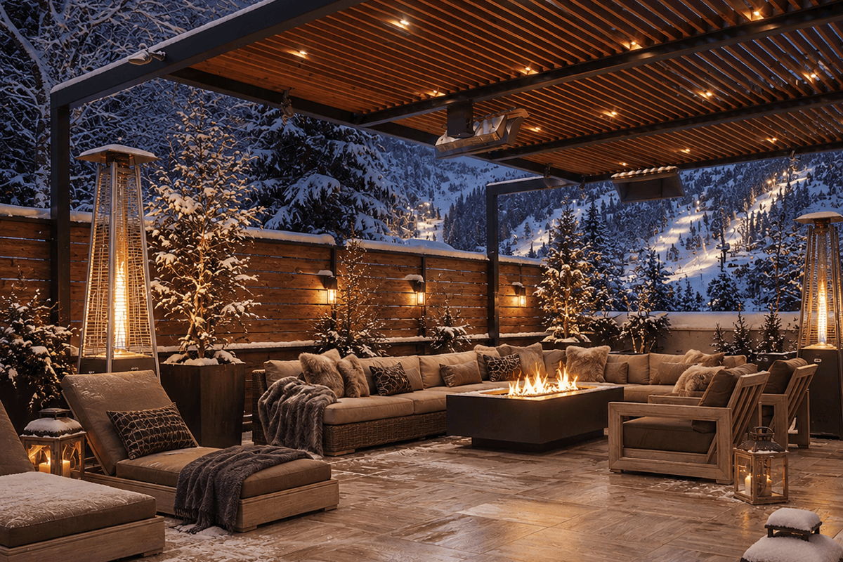 Winter patio with outdoor chaise lounges, fire table, patio heaters, and deep seating under a covered pergola.