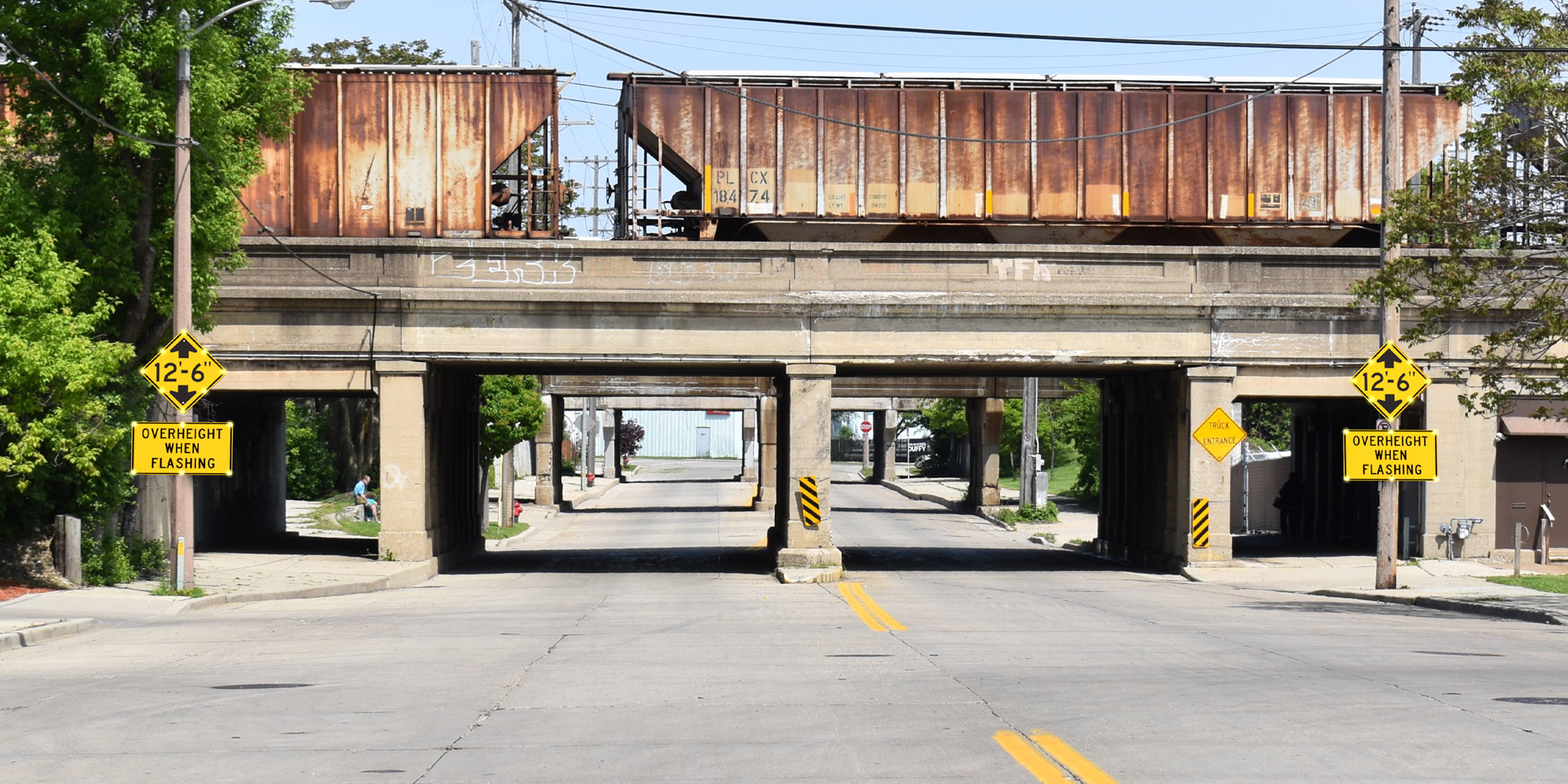 Low-clearance-bridge-with-warning-system-in-place