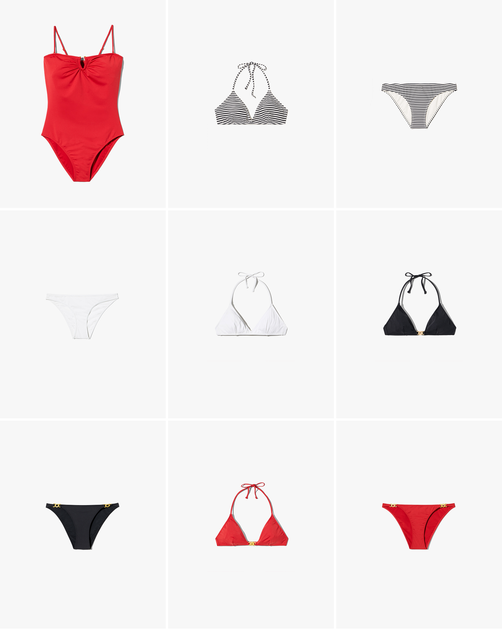 Assorted swimsuits in various styles and colors arranged in a grid.