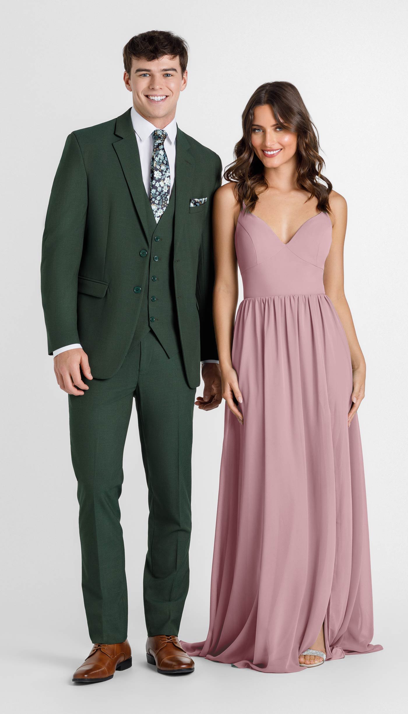 Olive green suit with desert rose bridesmaid dress