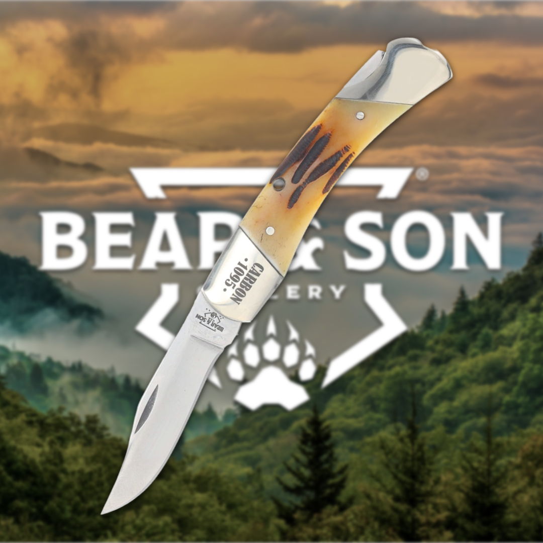 Folding knife with a wooden handle against a forest background and logo.