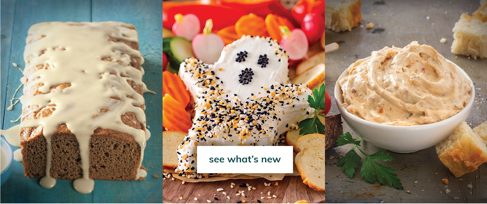 Glazed pumpkin bread, ghost-shaped cheese ball and creamy dip with a “See what’s new” button.