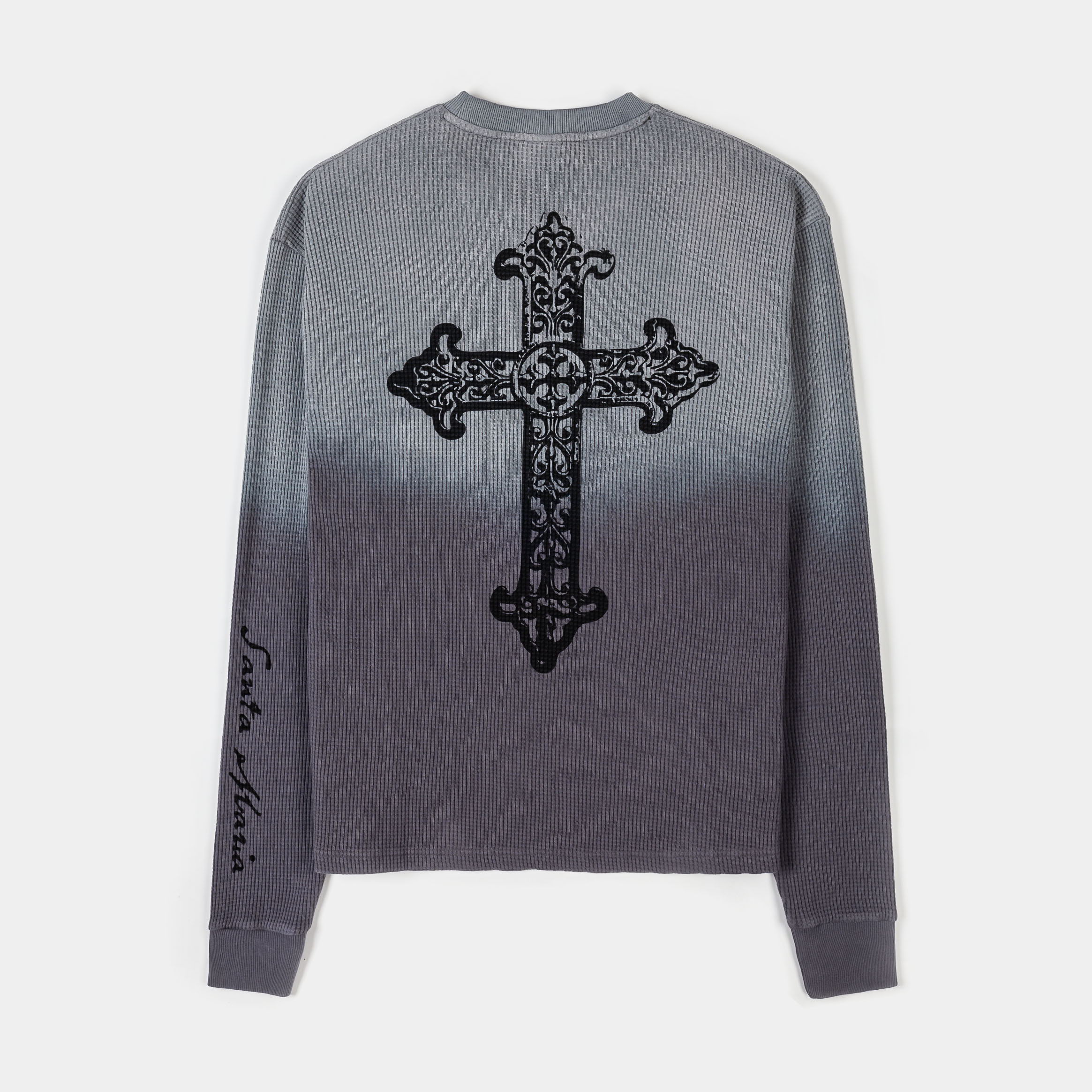 Gray sweatshirt with a gradient design and a graphic on the front.