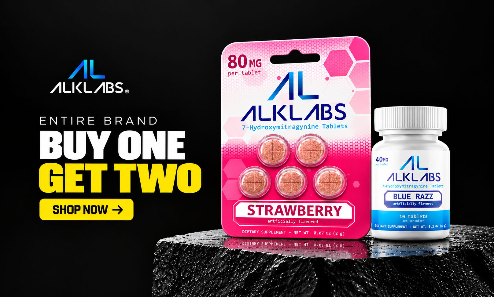 Promotional image for ALKLABS products with Buy One Get Two offer.