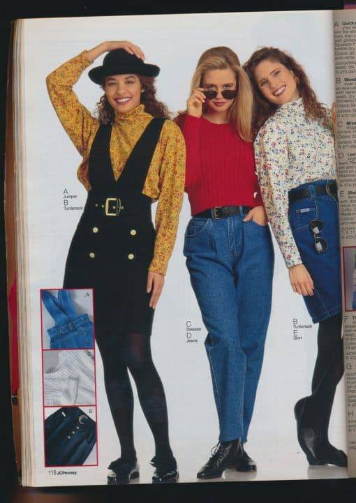 Pair your denim jeans with a cropped sweater for another ’90s look. Also, is that belted jumper not to die for? – JCPenney Fall/Winter 1991