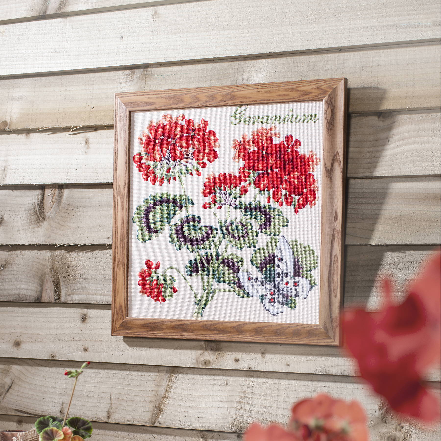 Stitched Geranium canvas framed