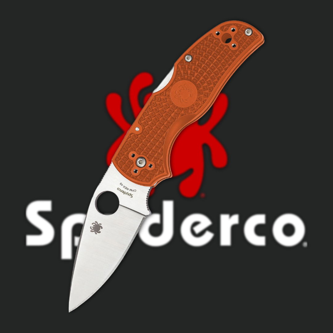 Orange-handled folding knife with a silver blade and Spyderco logo.