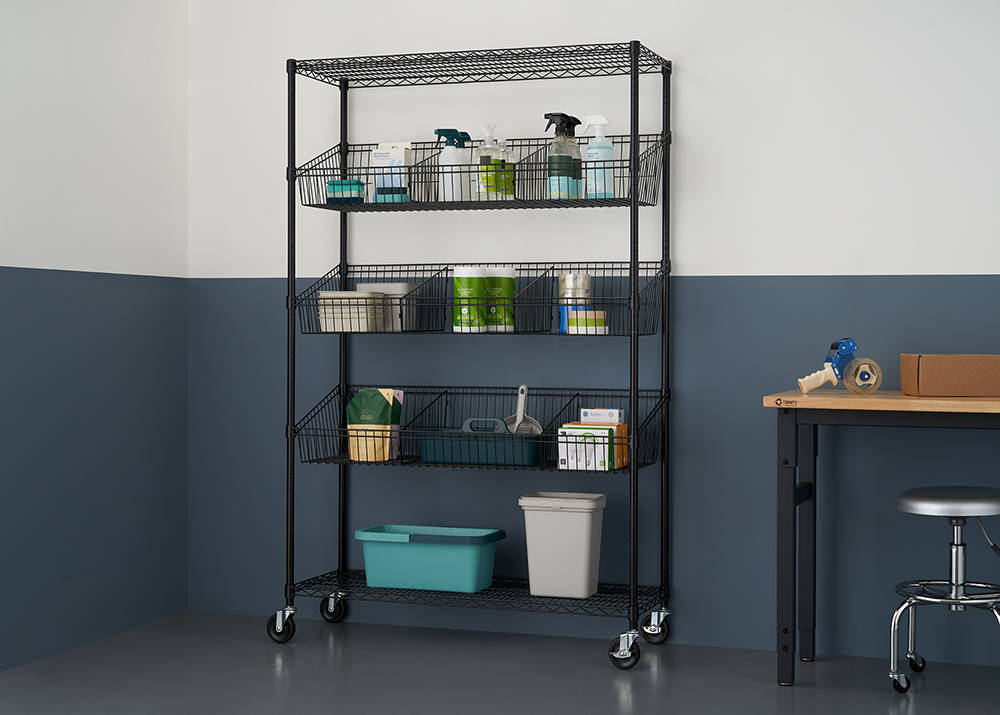 5-tier shelving rack with baskets and dividers in garage with items on shelves