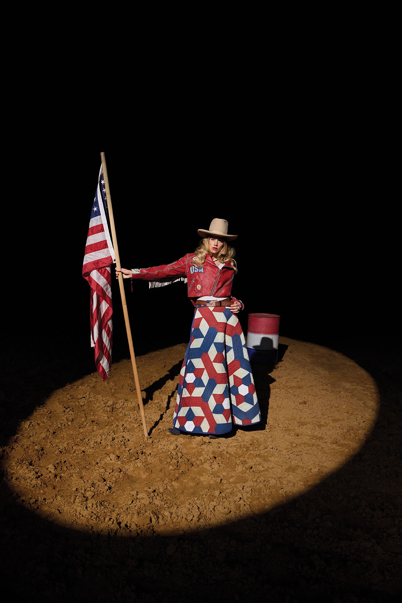 Lozzie wearing the Lady Liberty Biker Jacket with the Lady Liberty Skirt and vintage Double D Ranch Accessories.