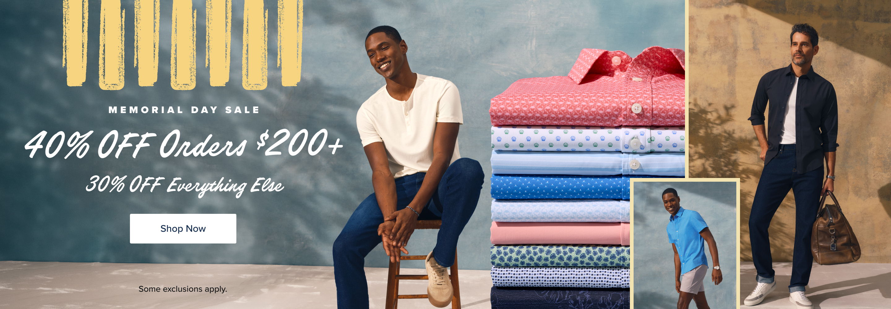 Promotional image featuring men’s clothing and discounts.