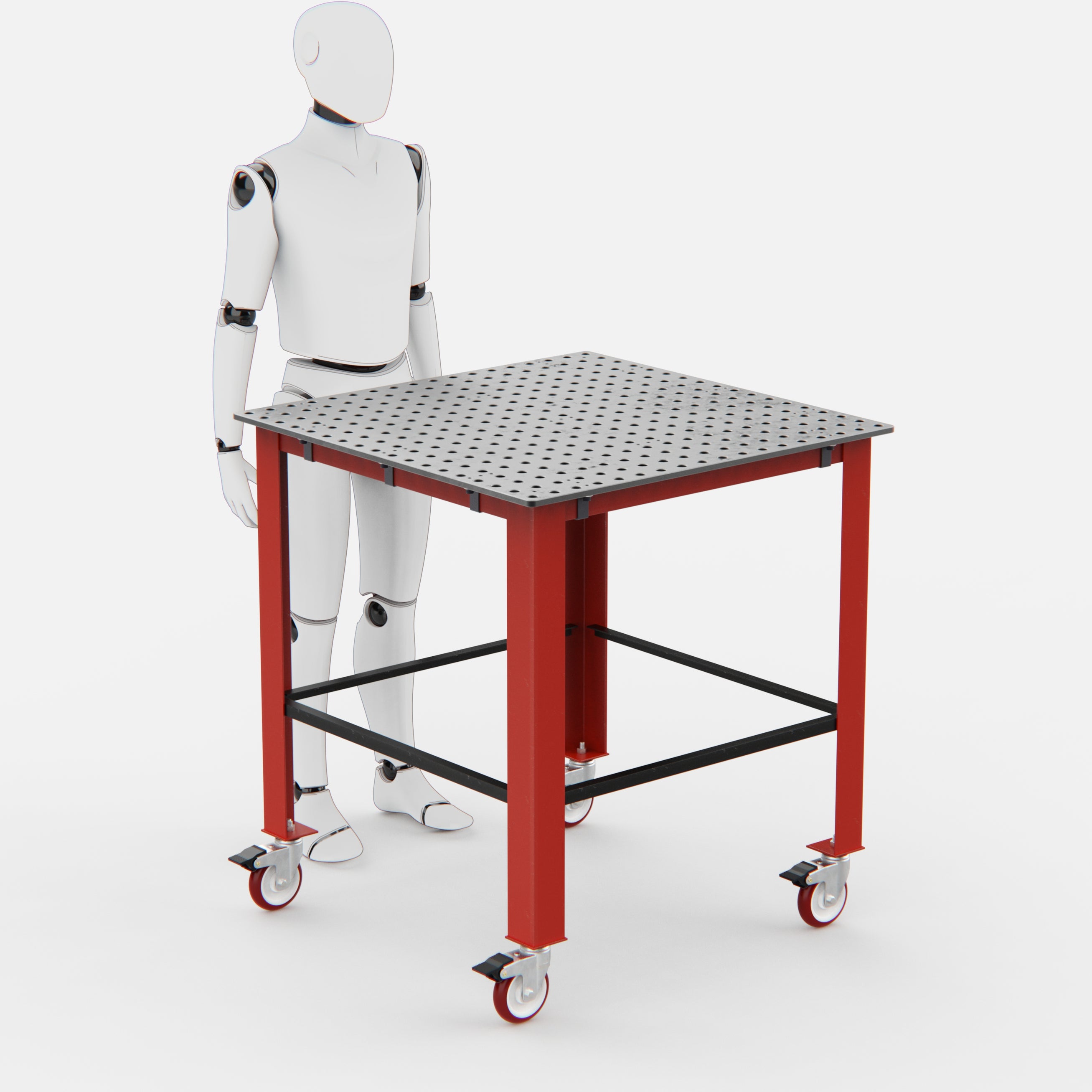A red wheeled work table with a perforated metal top.