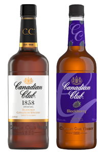 Two bottles of Canadian Club whiskey, one 1858 and one Blackberry flavor.