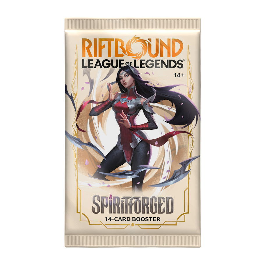 League of Legends Riftbound Spiritforged 16-card booster pack artwork.