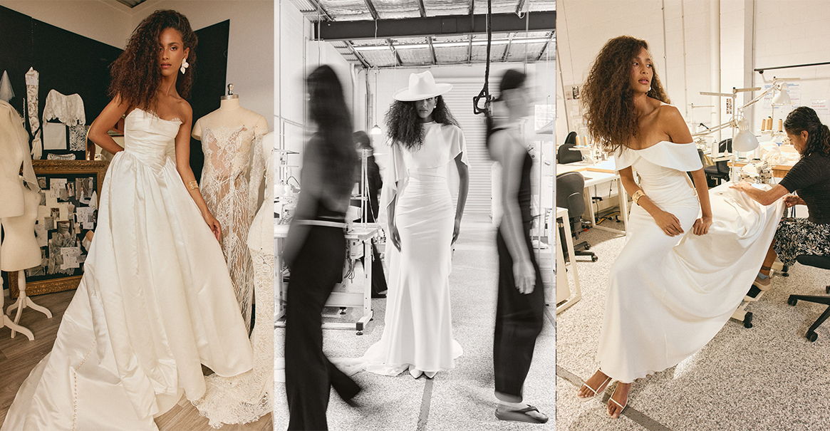 Models in white dresses during a fashion design process.