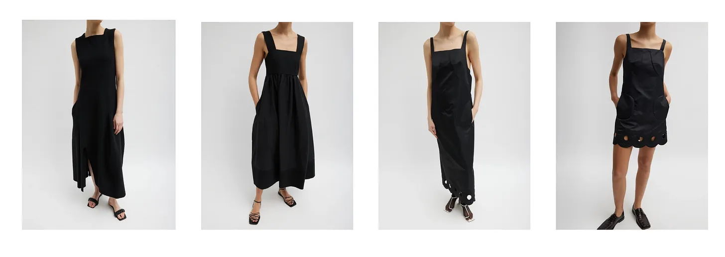 Four models wearing various styles of black dresses.