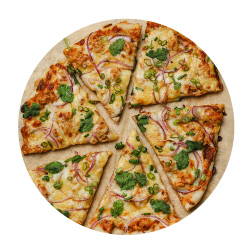 baked pizze topped with bbq chicken, sliced red onions, fresh cilantro, scallions and cheese sliced for serving