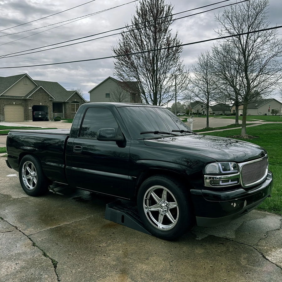 Wide shot of finished Conductor's Special 228H train horn kit install on Aaron's 1999 GMC Sierra HornBlasters gallery photo 5
