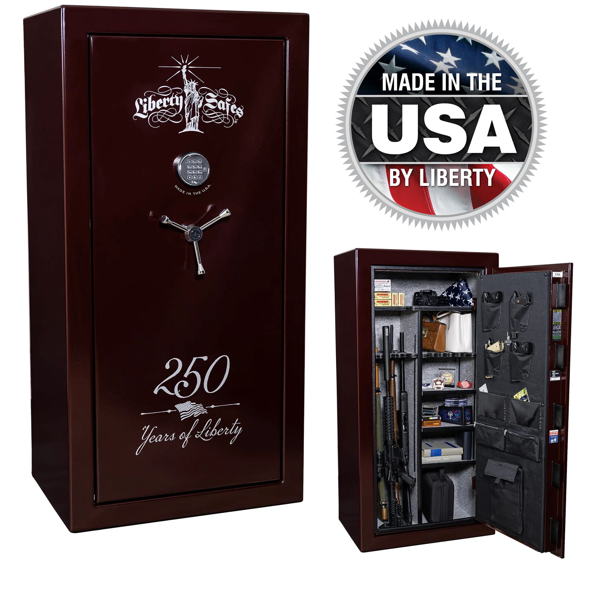 Liberty Safe's limited-edition 250th Commemorative USA 30 in burgundy marble featuring exclusive patriotic artwork